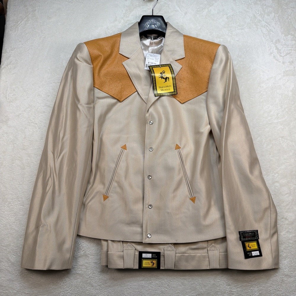 Vintage Western Cowboy Suit Pearl Snap Rodeo Rockabilly Stage Tan 46x38